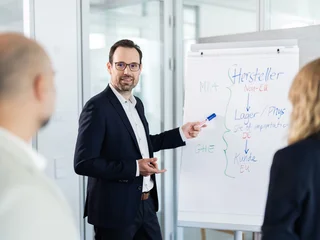 Präsentation im Büro Ein Mann im Anzug hält eine Präsentation für zwei weitere Personen und nutzt dabei ein Flipchart mit Stichpunkten zu Import- und Lagerprozessen.