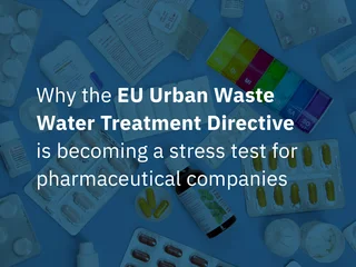 Graphic featuring medicines, test strips and a syringe on a blue background, with text about the EU Wastewater Directive and the Diapharm logo.