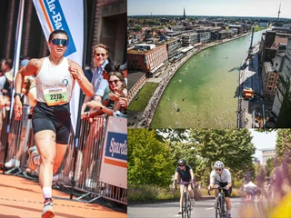 Dreiteilige Collage mit Läuferin im Wettkampf, Stadtansicht mit Fluss voller Schwimmer und Radfahrern auf einer grünen Strecke. Fokus auf sportlichen Teamgeist und urbanes Aktivsein.