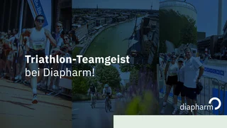 Triathlon-Teamgeist bei Diapharm Dreiteilige Collage mit Läuferin im Wettkampf, Stadtansicht mit Fluss und Teamfoto vor grünem Hintergrund. Text: „Triathlon-Teamgeist bei Diapharm“.