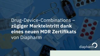 Grafik mit medizinischen Produkten wie Masken, Stethoskop, Spritze und Tabletten auf blauem Hintergrund, mit Text zur MDR-Zertifizierung und Diapharm-Logo.