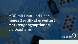MDR mit Haut und Haar: Neue Marktzugänge durch Diapharm-Zertifikat Grafik mit medizinischen Produkten wie Stethoskop, Spritzen, Tabletten und Text zur MDR-Zertifizierung für Haut- und Haarprodukte, inklusive Diapharm-Logo.