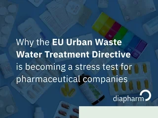 Graphic featuring medicines, test strips and a syringe on a blue background, with text about the EU Wastewater Directive and the Diapharm logo.