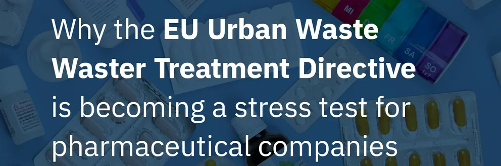 Graphic featuring medicines, test strips and a syringe on a blue background, with text about the EU Wastewater Directive and the Diapharm logo.