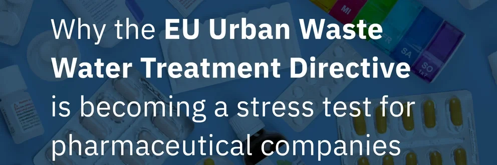 Graphic featuring medicines, test strips and a syringe on a blue background, with text about the EU Wastewater Directive and the Diapharm logo.