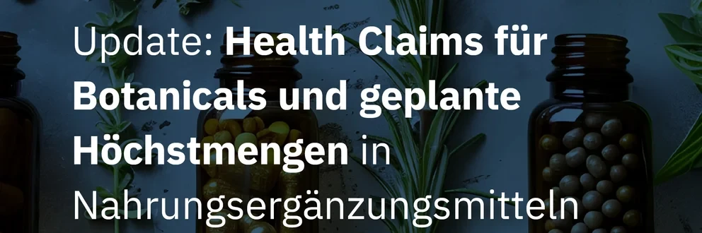 Zwei Glasflaschen mit Kapseln und Kräutern auf blaugrünem Hintergrund, mit Text zu Health Claims und Höchstmengen, inklusive Diapharm-Logo.