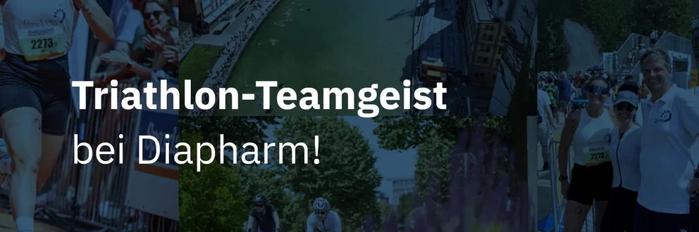 Dreiteilige Collage mit Läuferin im Wettkampf, Stadtansicht mit Fluss und Teamfoto vor grünem Hintergrund. Text: „Triathlon-Teamgeist bei Diapharm“.
