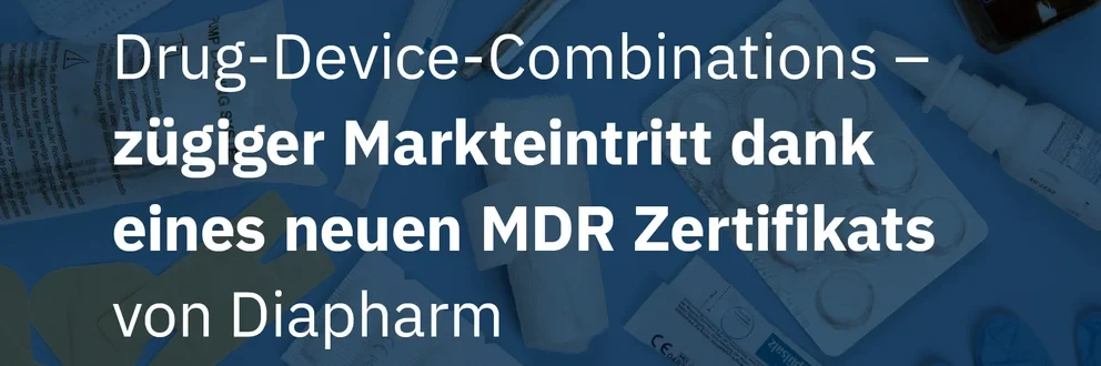 Grafik mit medizinischen Produkten wie Masken, Stethoskop, Spritze und Tabletten auf blauem Hintergrund, mit Text zur MDR-Zertifizierung und Diapharm-Logo.