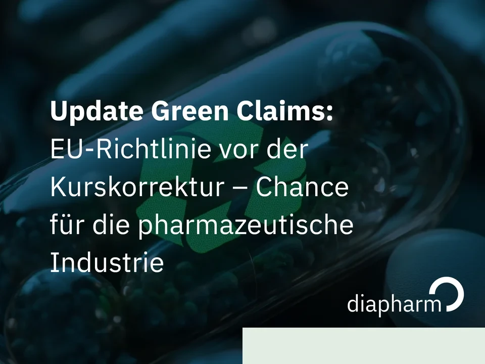 Grafik mit transparenter Kapsel, grünem Blatt-Icon und Text zur EU-Richtlinie „Green Claims“, inklusive Diapharm-Logo.