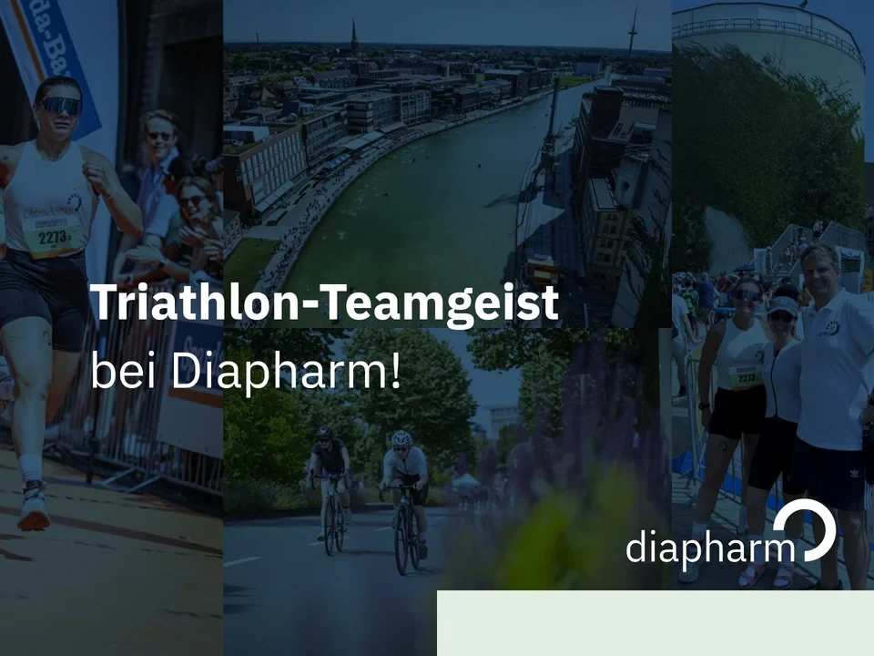 Dreiteilige Collage mit Läuferin im Wettkampf, Stadtansicht mit Fluss und Teamfoto vor grünem Hintergrund. Text: „Triathlon-Teamgeist bei Diapharm“.